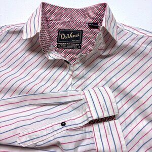 DaVinci Shirt Mens Large White Red Blue Stripe Preppy Casual Flip‎ French Cuff